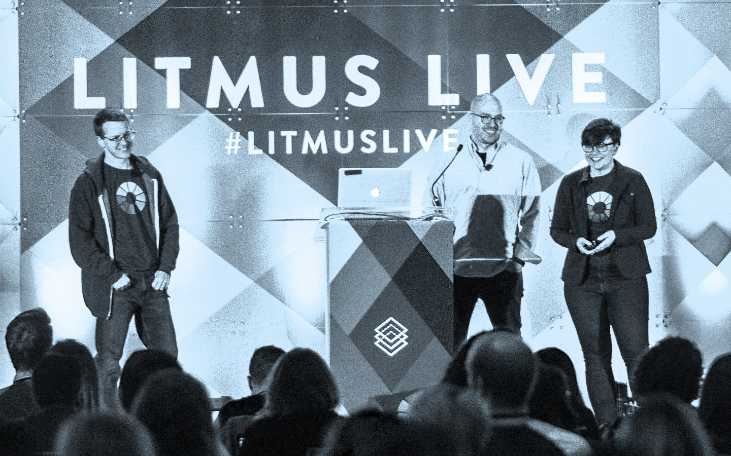 Jason on stage at Litmus Live with Chad S. White and Justine Jordan.