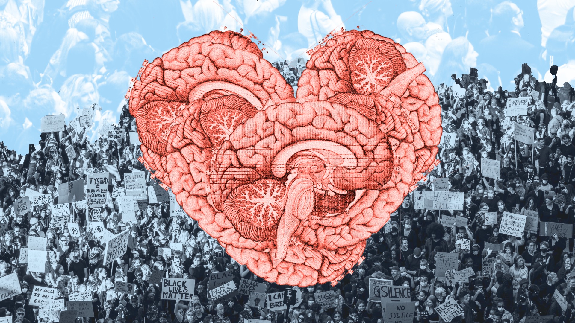 Blue and red collage of a heart shaped out of brains in front of images of protest.